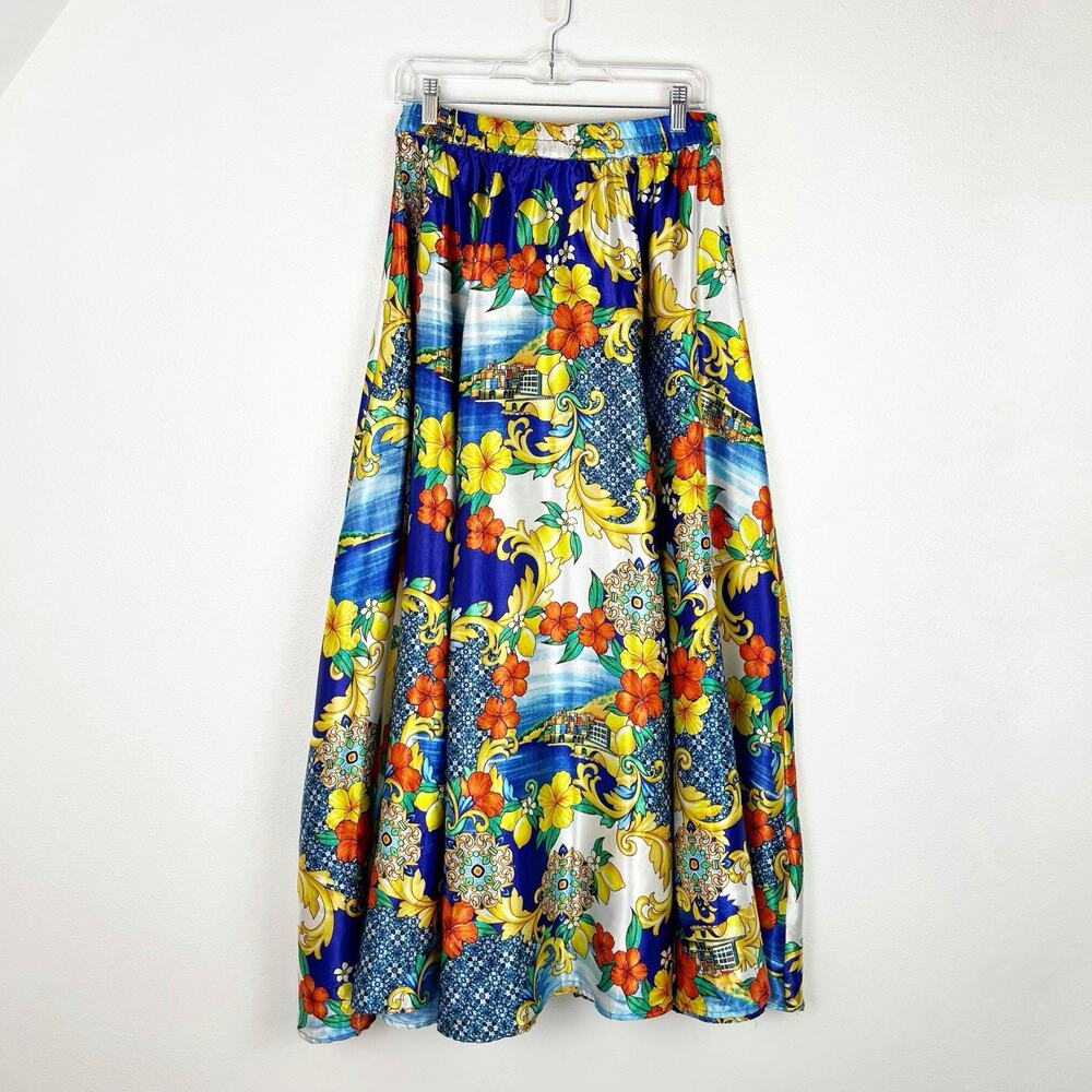 Her Destiny Colorful Satin Print midi Maxi Full Skirt High-waisted Sz M Bow - Picture 2 of 11